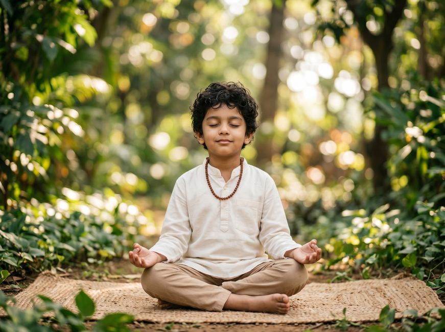 Indian child meditating peacefully in nature