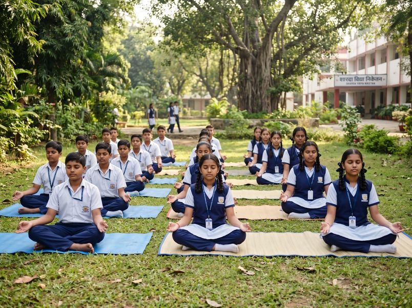 Group of Indian school children meditating