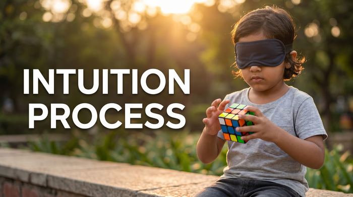Child practising intuition with blindfold